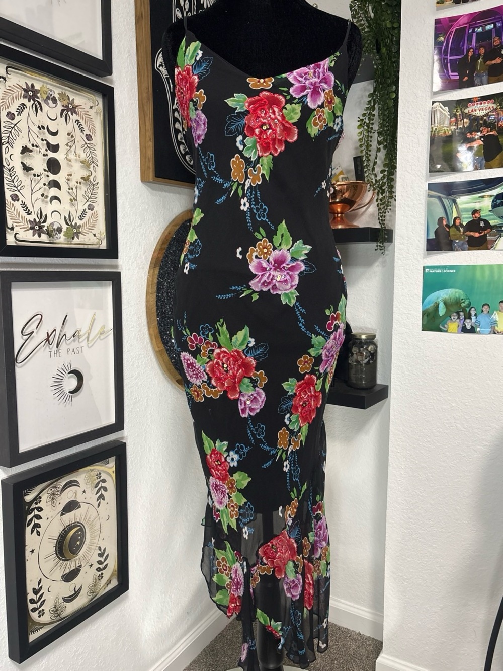 Vintage Emily D Y2K 90s Silk Slip Dress Beaded Floral Sequin Maxi Gown Medium